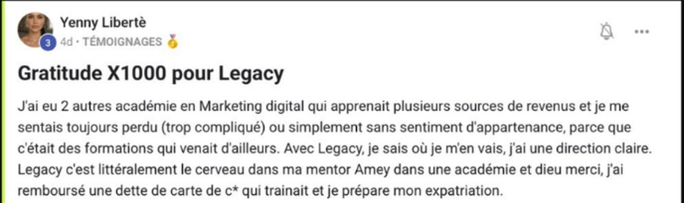 Témoignage de Yenny Libertè : gratitude X1000 pour Legacy